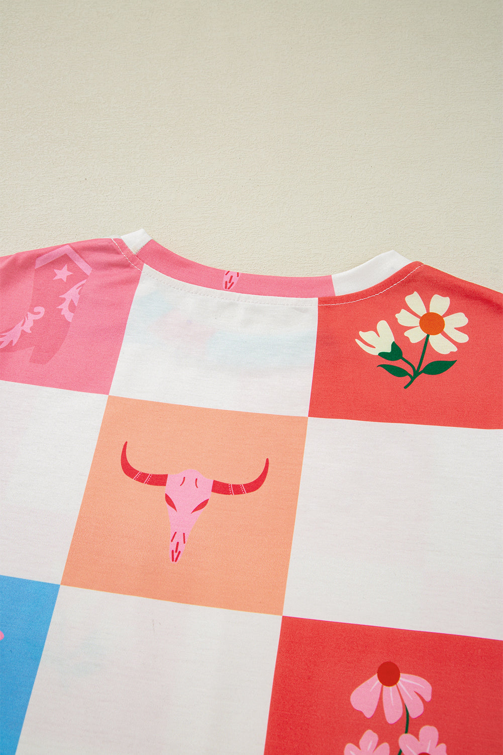 Western Fashion Checker Print Crewneck T Shirt