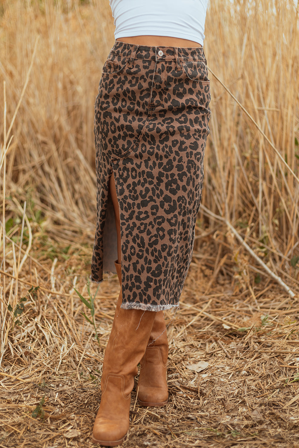 Leopard Denim Frayed Split Denim Midi Skirt