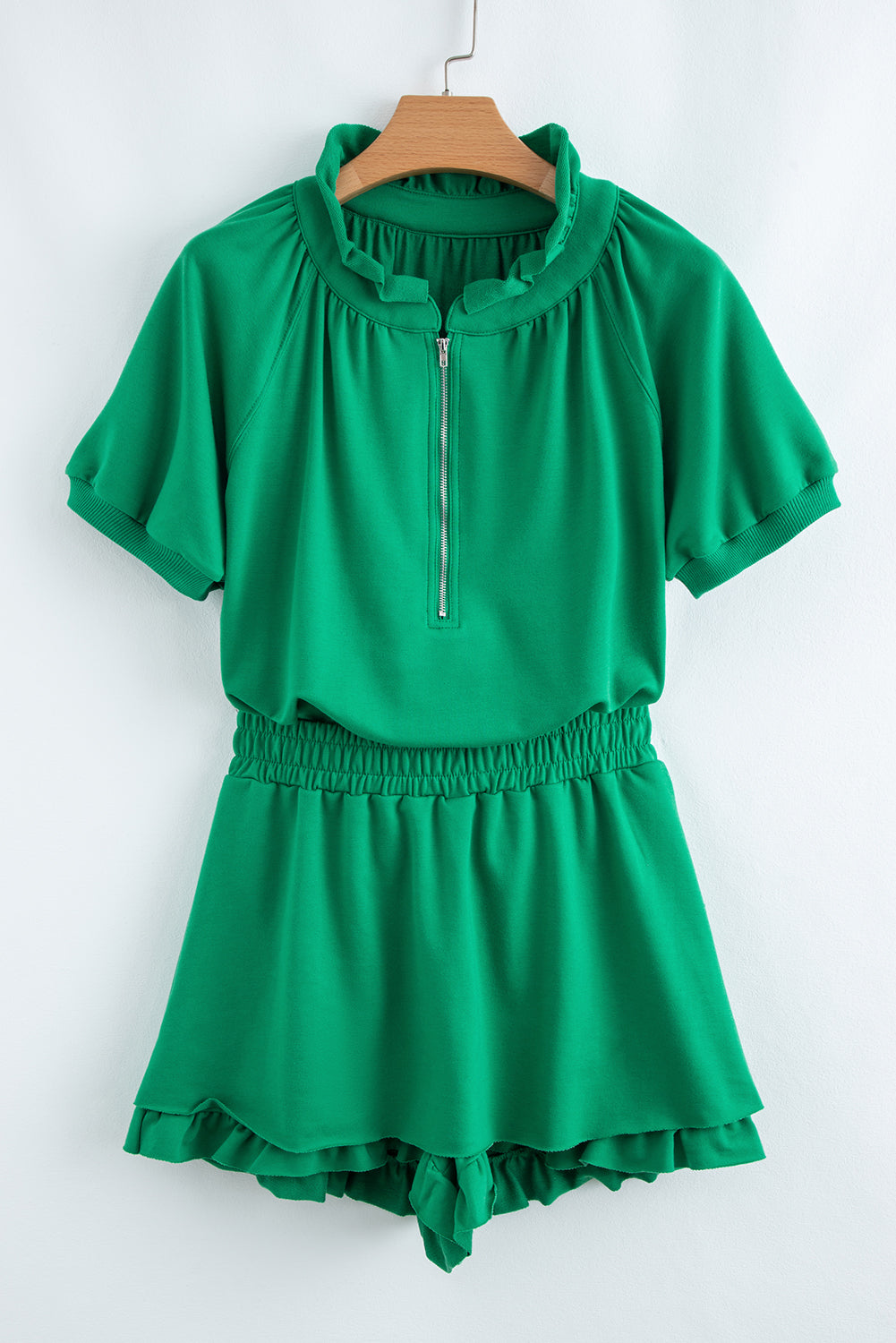 Half Zip Puff Sleeve Top and Ruffled Shorts Set