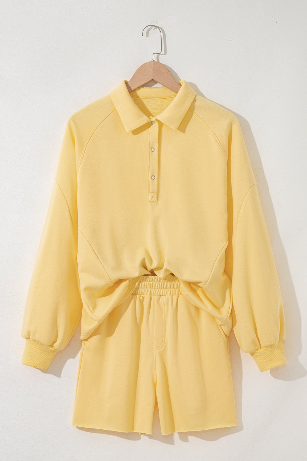 Button Collar Drop Shoulder Pullover and Shorts 2pcs Outfit