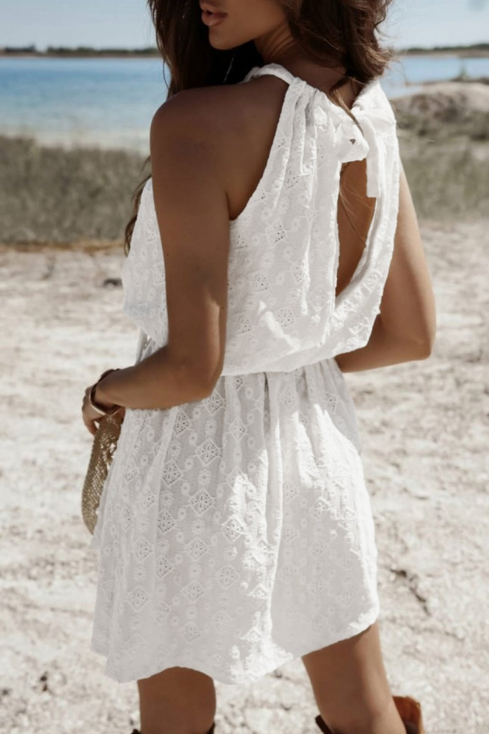 Lace Sleeveless Knot Hollow Out Back Tied Waist Mini Dress