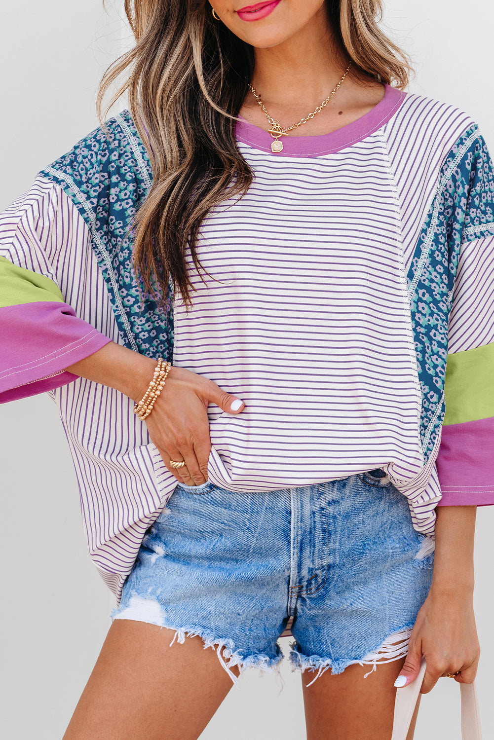 Floral Color Block Raw Edge Patchwork Bracelet Sleeve Blouse