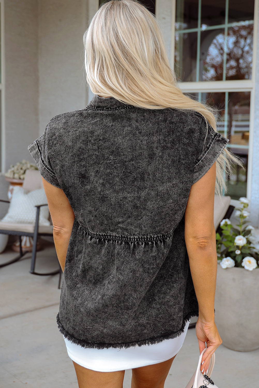 Short Sleeve Flap Pocket Button Up Raw Hem Denim Shirt