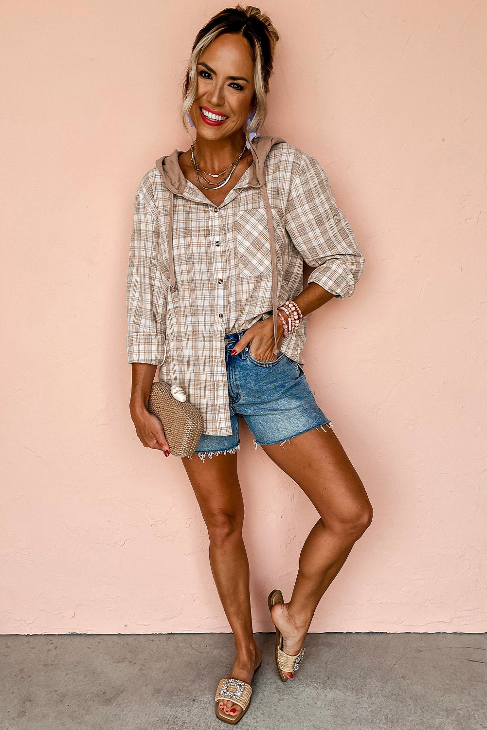Checkered Print Loose Fit Buttoned Hooded Shacket