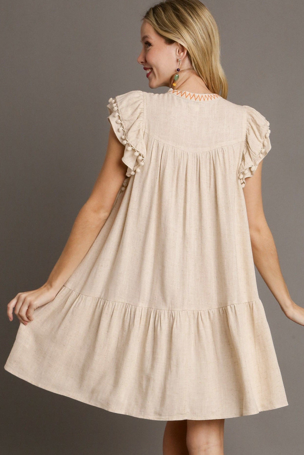 Linen Embroidery Split Neck Pom Pom Ruffle Sleeves Flowy Short Dress