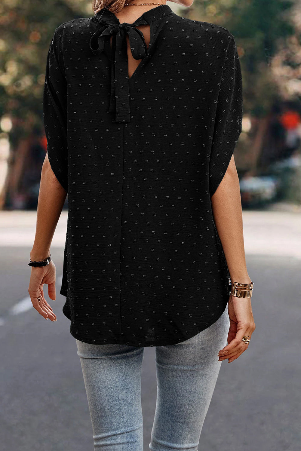 Swiss Dot Mock Neck Batwing Sleeve Blouse