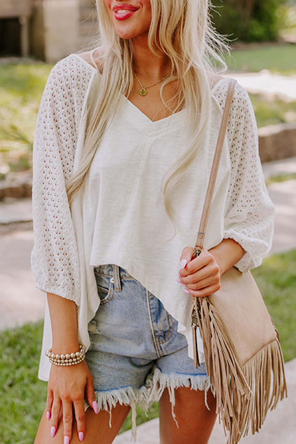Eyelet Patchwork High Low Hem V Neck Oversized Top