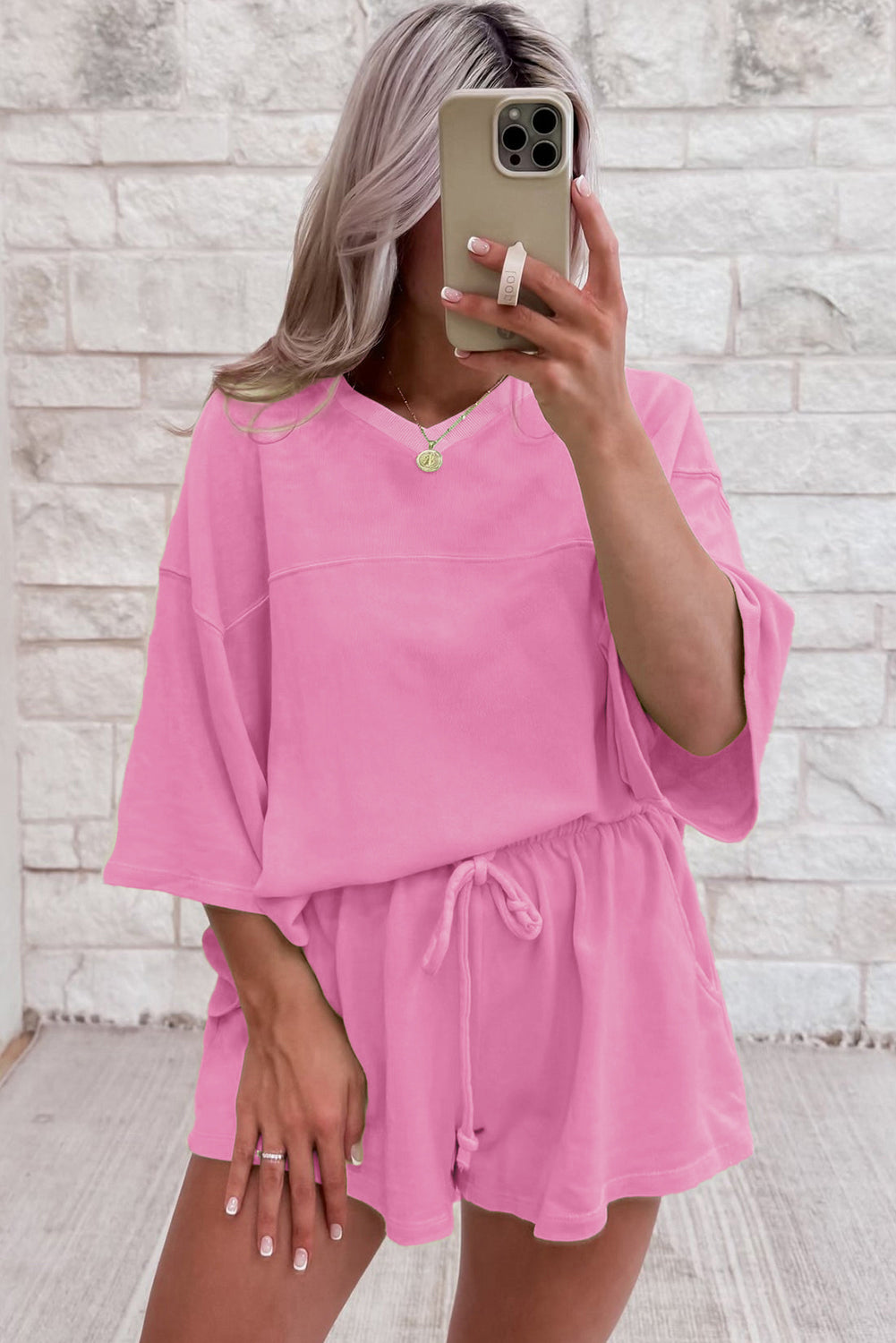 Solid Loose V Neck Half Sleeve Tee and Shorts