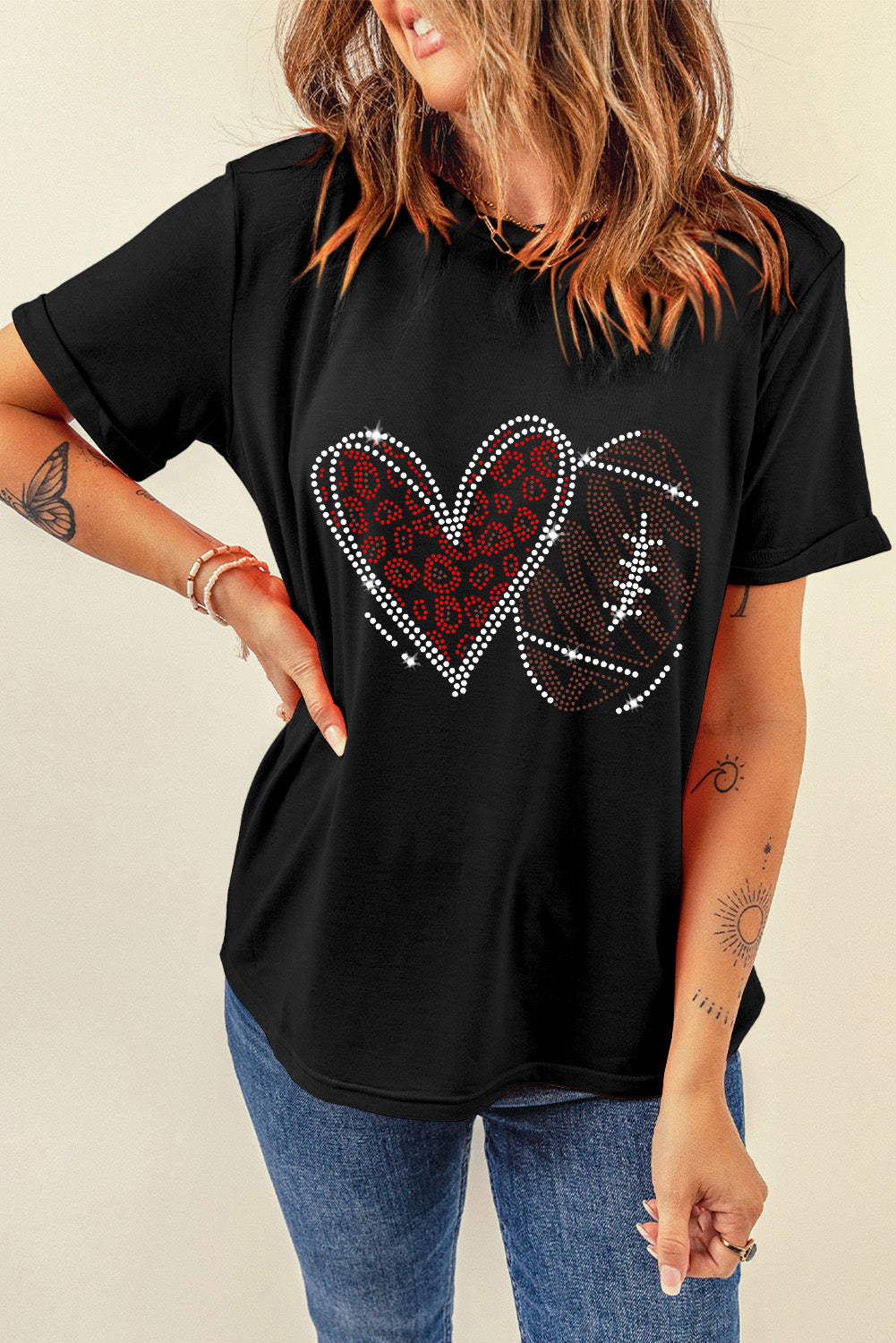 Rhinestone Rugby Football Heart Shape Graphic T Shirt