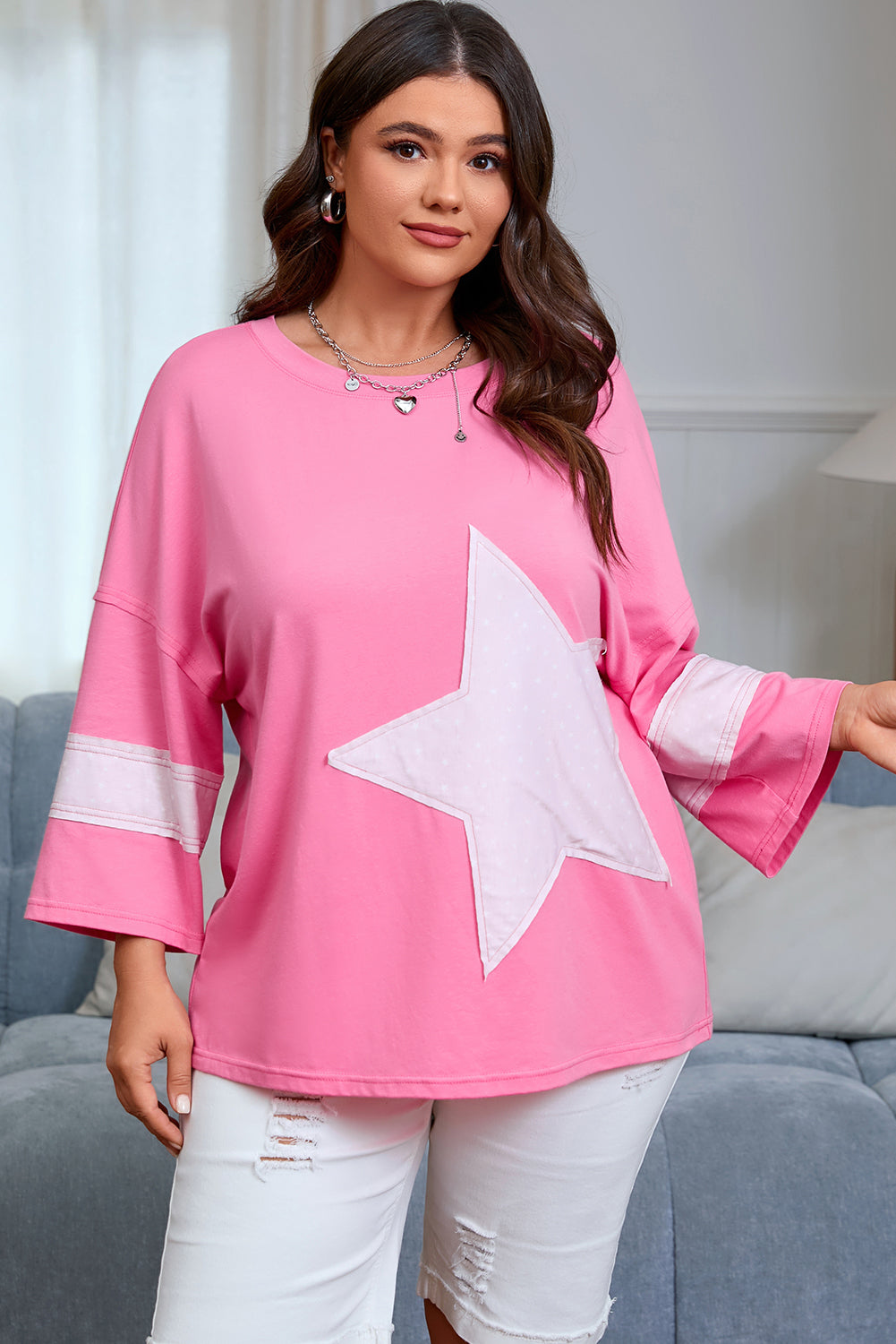 Star Patched Colorblock Raw Edge Bracelet Sleeve Plus Size Loose Tee