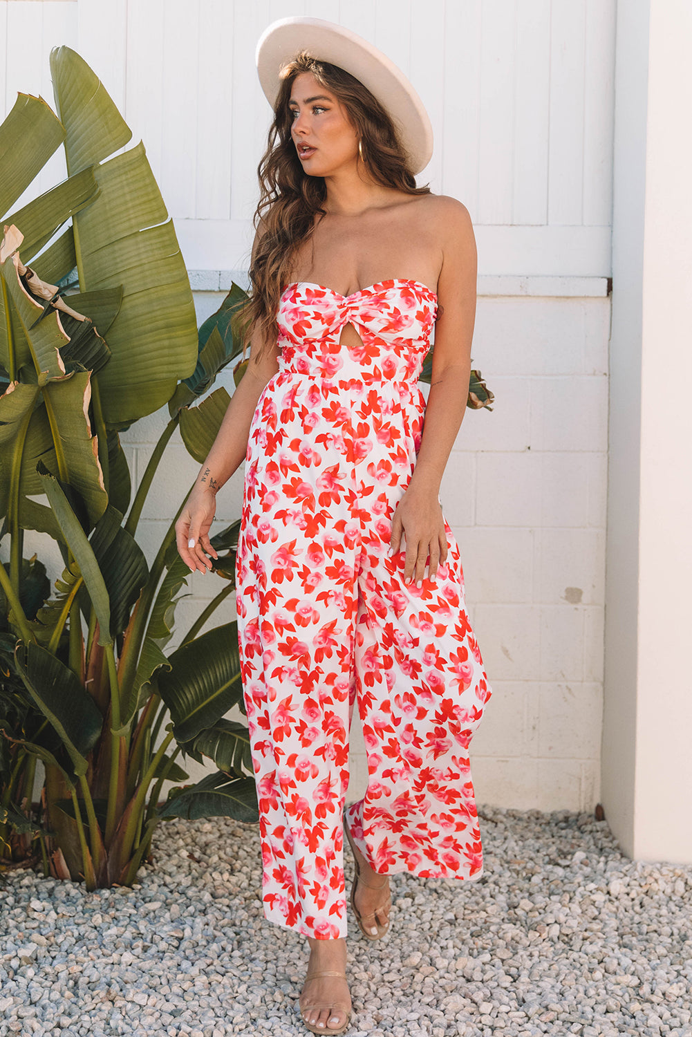 Floral Print Twisted Bandeau Keyhole Pleated Wide Leg Jumpsuit