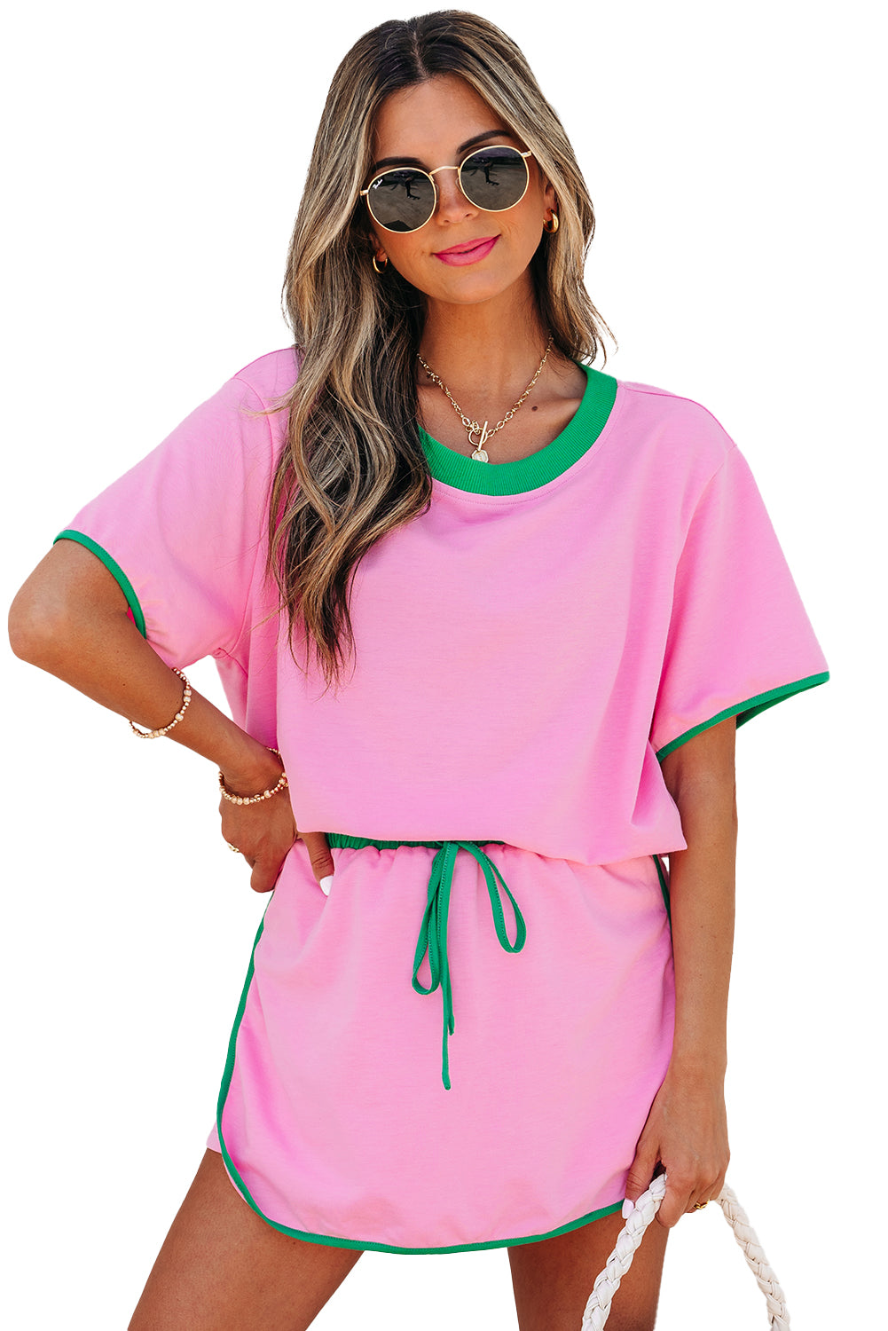 Colorblock Edge Drop Shoulder T Shirt and Skort 2Pcs Set