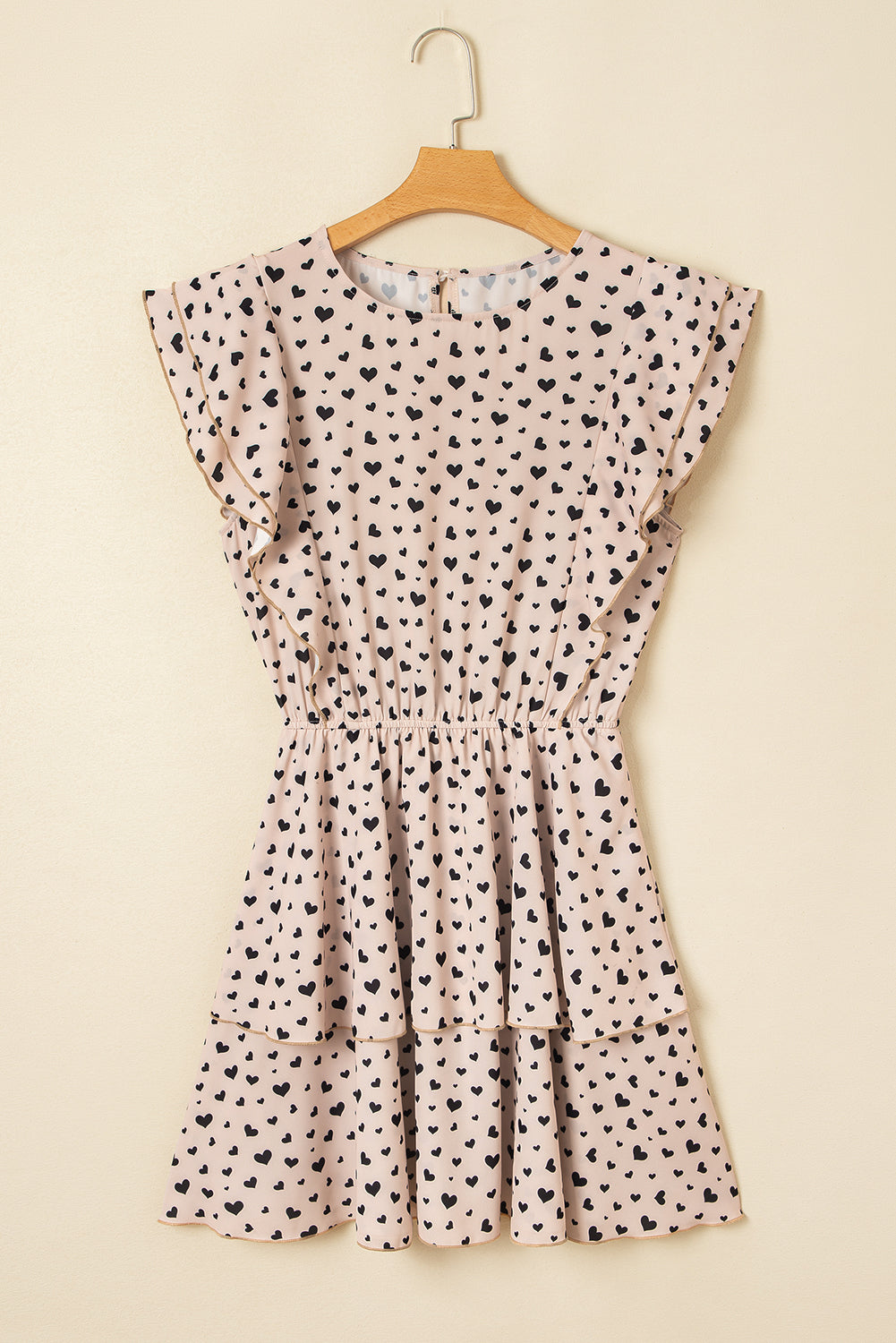 Heart Printed Flutter Sleeve Cinched Waist Tiered Ruffle Mini Dress