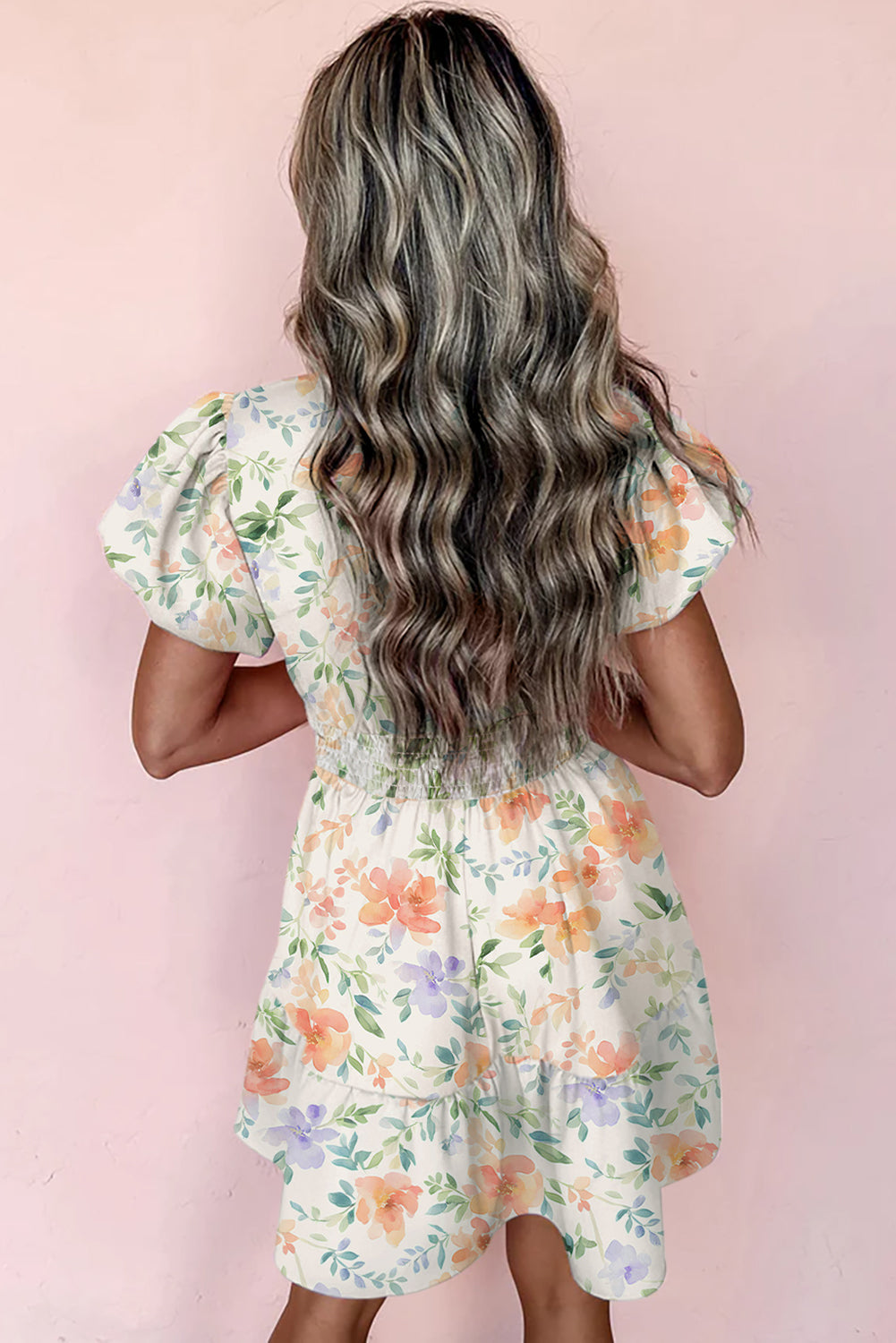 Floral Print Shirred High Waist Puff Sleeve Mini Dress