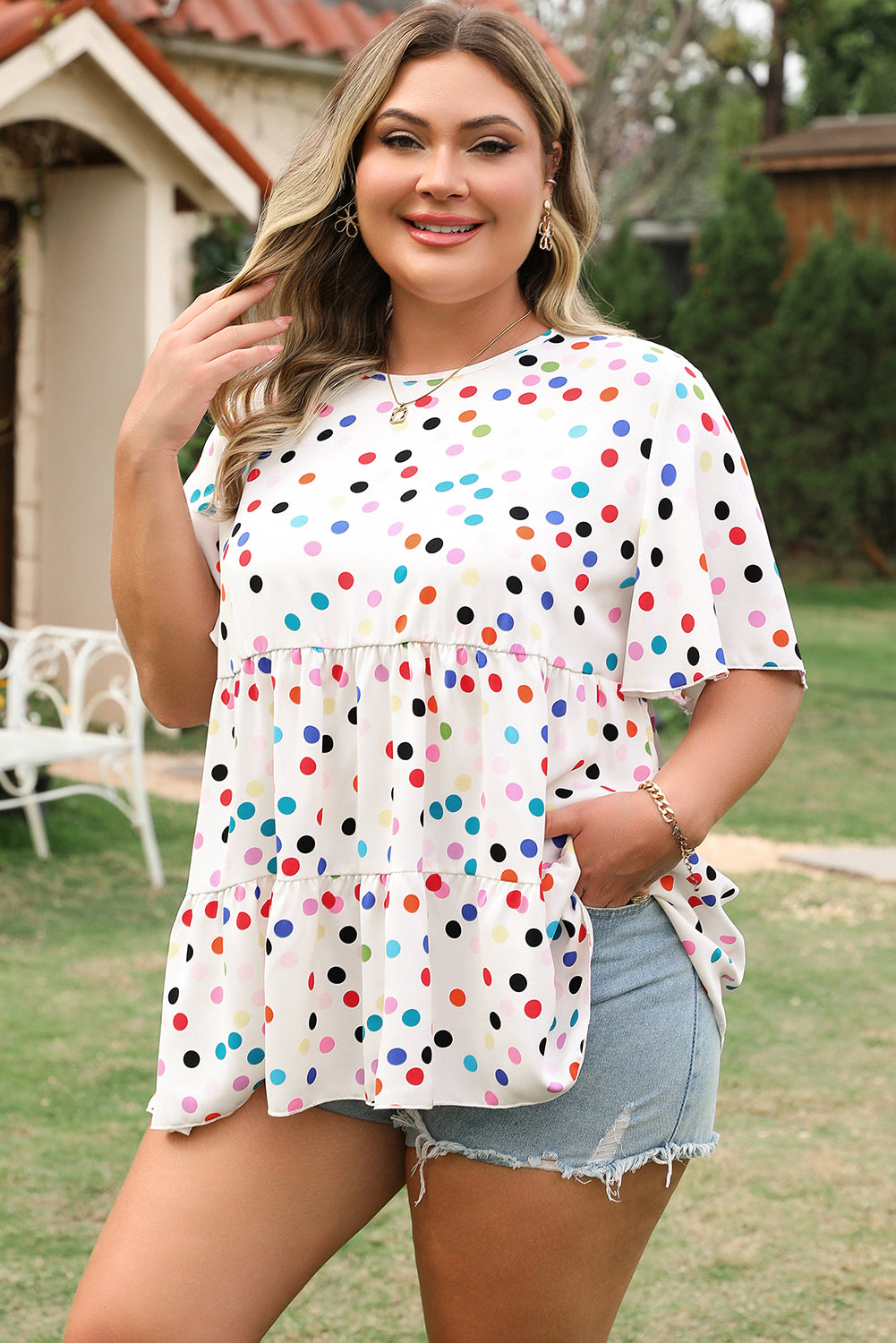 Colorful Polka Dot Print Short Sleeve Ruffled Plus Size Babydoll Blouse