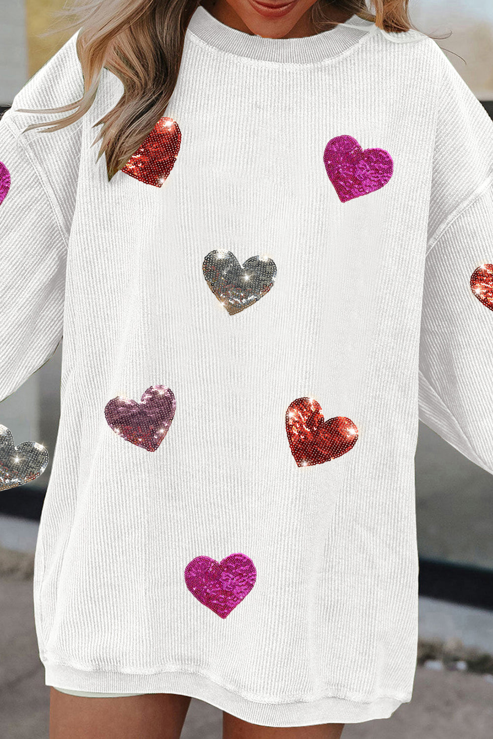 Valentines Heart Patched Pattern Corded Pullover Sweatshirt