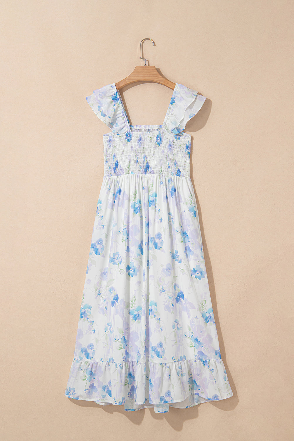 Floral Smocked High Waist Double Ruffle Sleeveless Long Dress