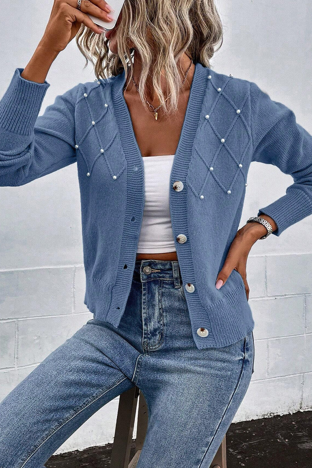 Textured Knit Pearl Beaded Button Up Cardigan