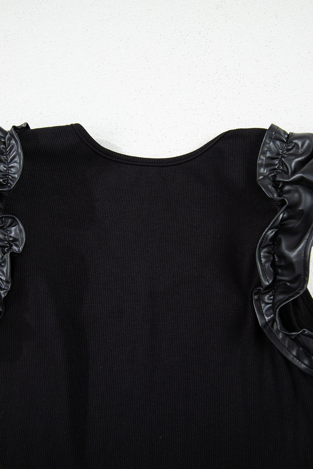 Leatherette Ruffle Patchwork Ribbed V Neck Bodysuit