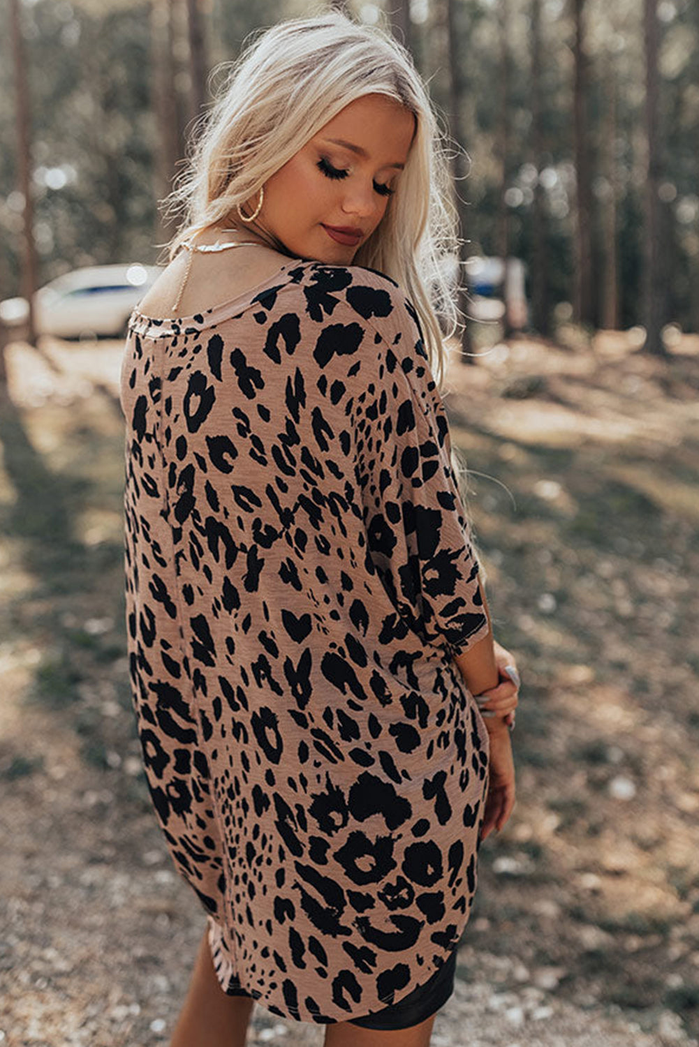 Leopard Print V Neck Half Sleeve Oversized Tee