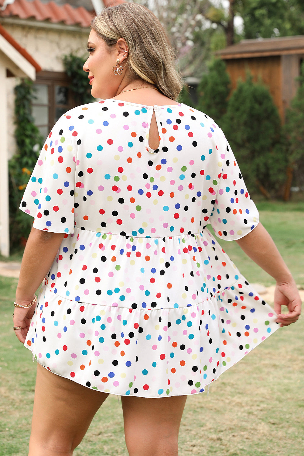 Colorful Polka Dot Print Short Sleeve Ruffled Plus Size Babydoll Blouse