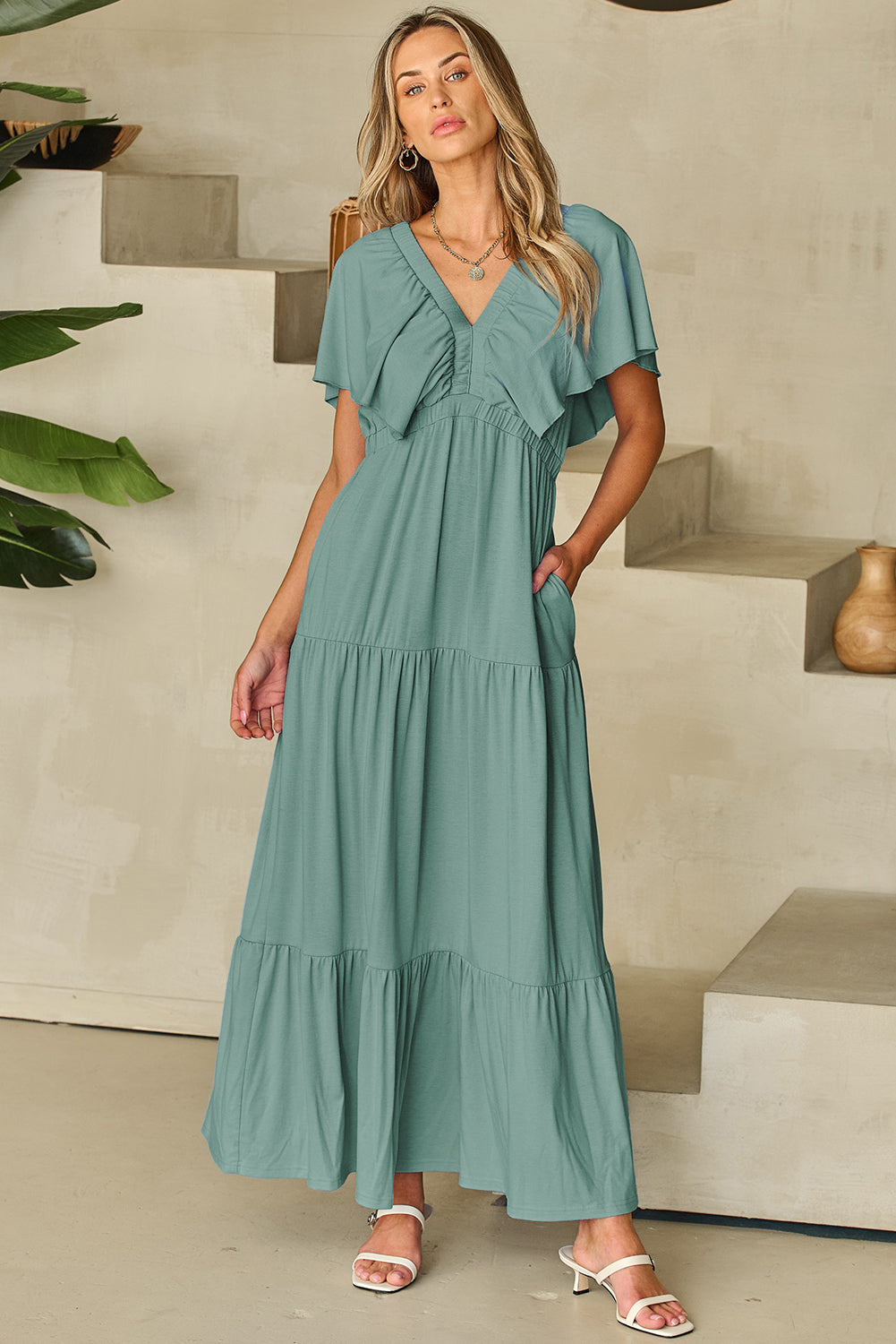 Textured V Neck Flutter Sleeve Ruffled Maxi Dress
