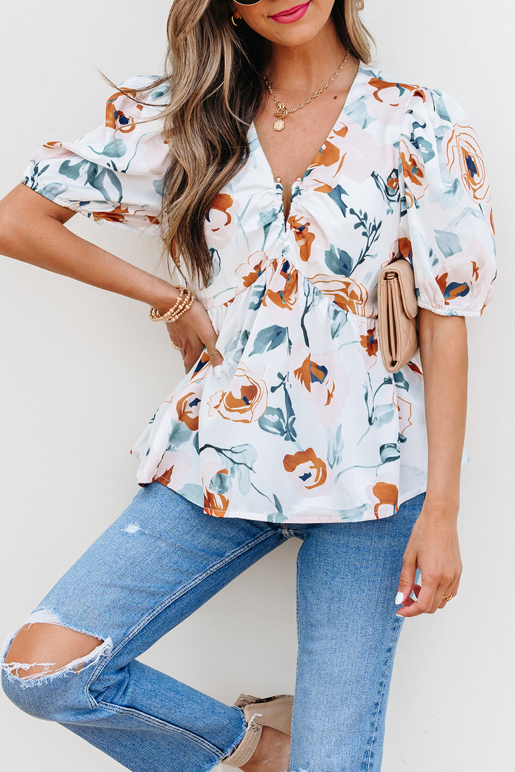 Floral Print Puff Sleeve V Neck Babydoll Blouse