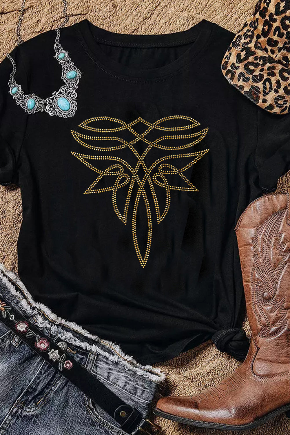 Rhinestone Western Pattern Cotton Blend Graphic T Shirt