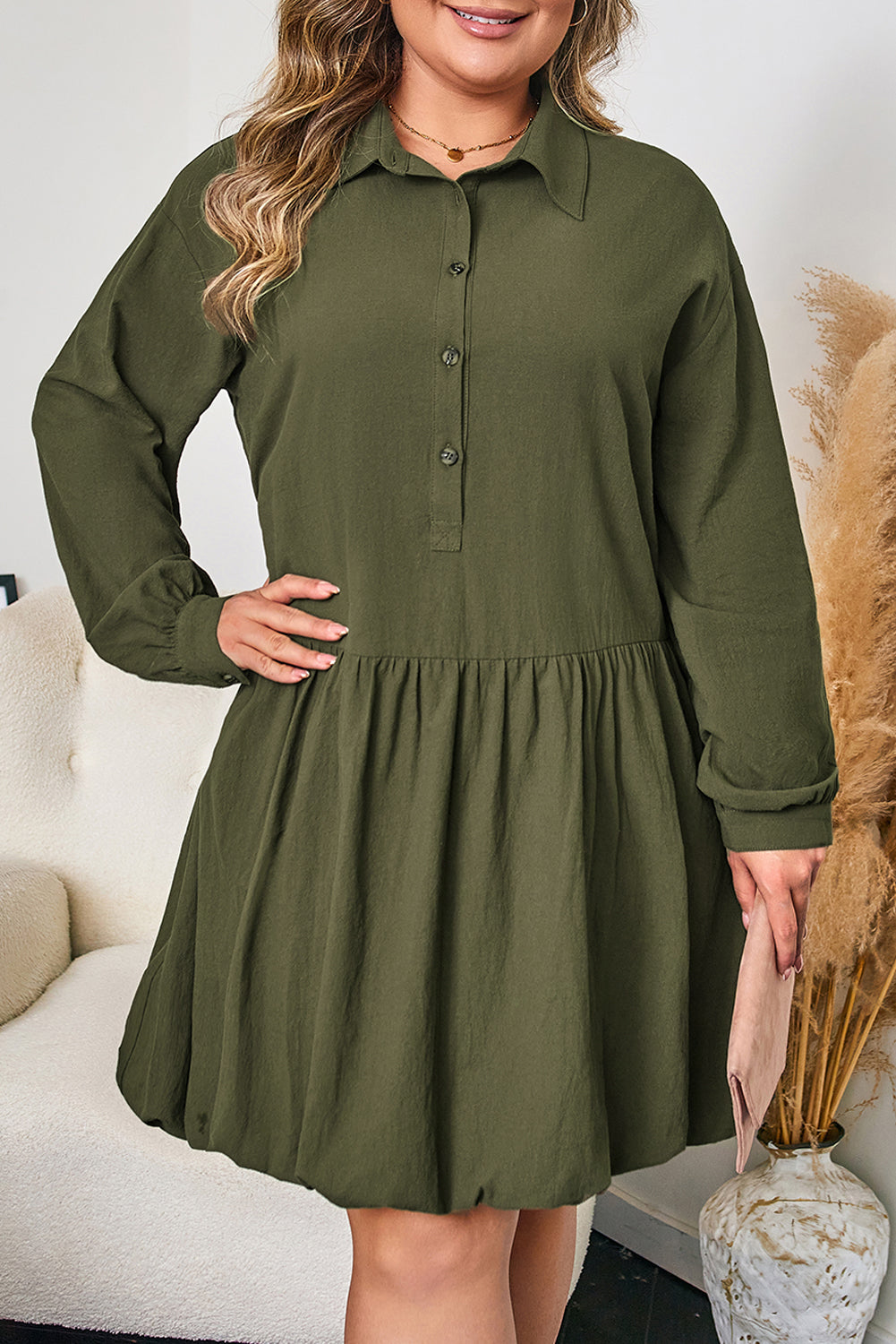 Plus Size Collar Half Button Long Sleeve Ruffle Hem Mini Dress