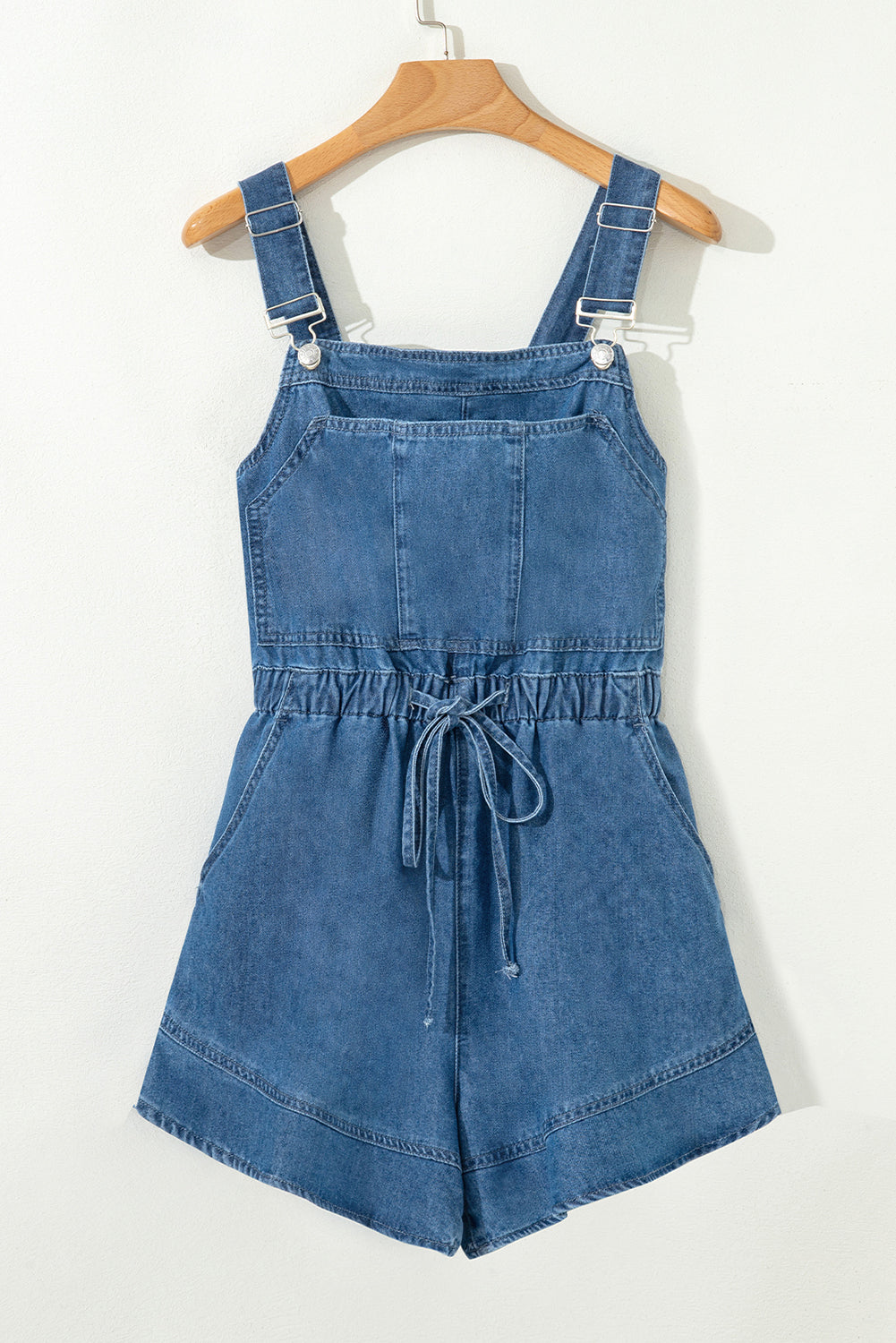 Buckle Straps Bib Style Drawstring Tied Backless Flared Denim Romper