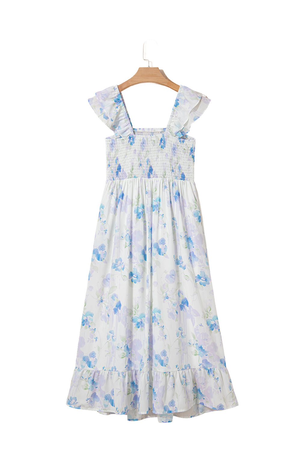 Floral Smocked High Waist Double Ruffle Sleeveless Long Dress