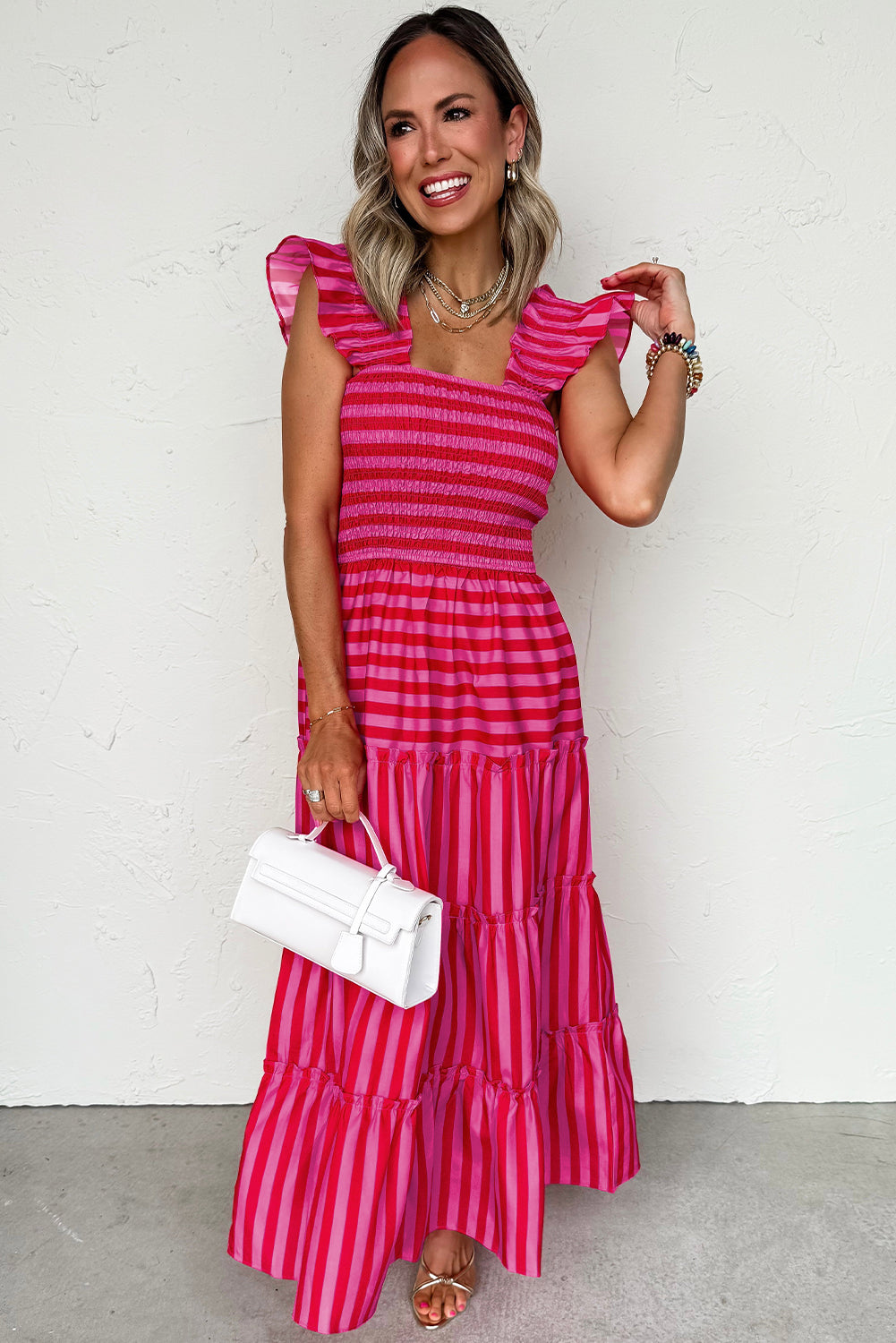Stripe Flutter Sleeve Smocked Bodice Tiered Maxi Dress