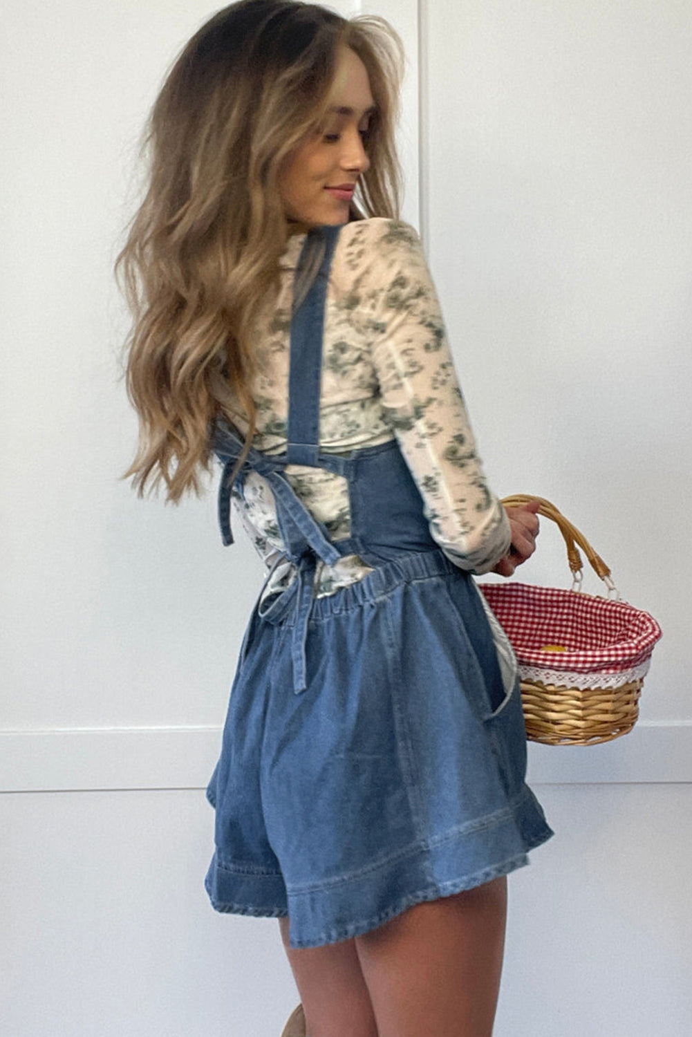 Buckle Straps Bib Style Drawstring Tied Backless Flared Denim Romper