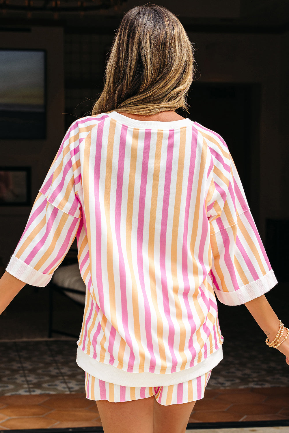 Stripe Drop Shoulder Half Sleeve Loose Tee and Shorts Casual Set