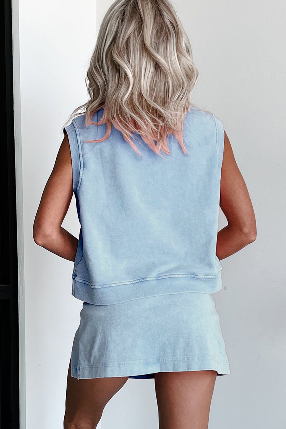 2 Pieces Mineral Wash Cotton Tank Top Lined Split Skirt Set
