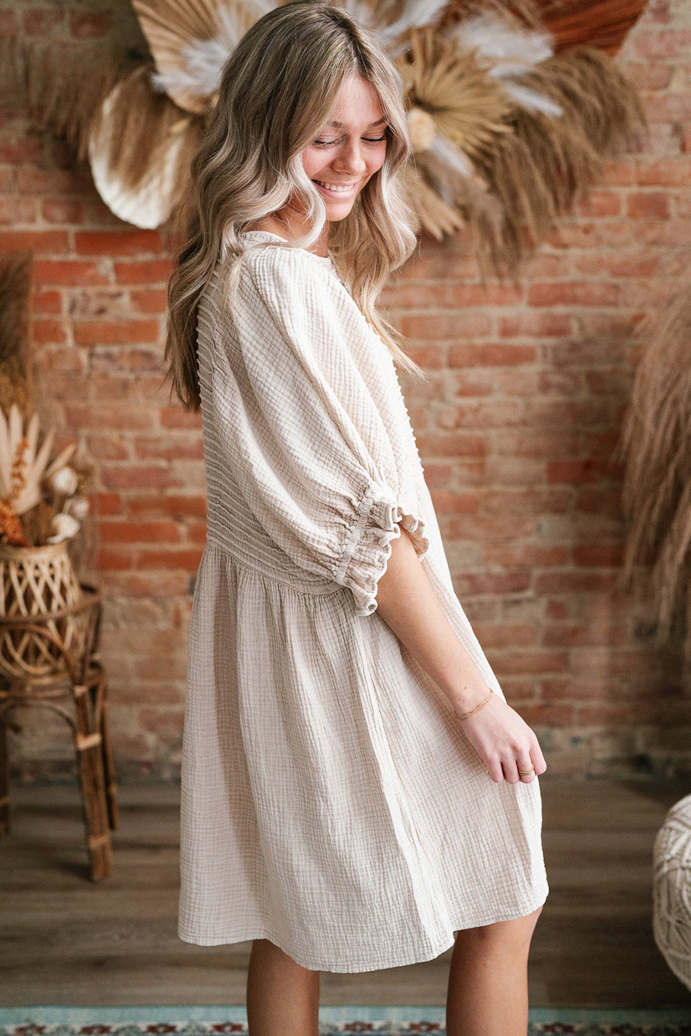 Textured Ruffled Puff Sleeve Loose Dress