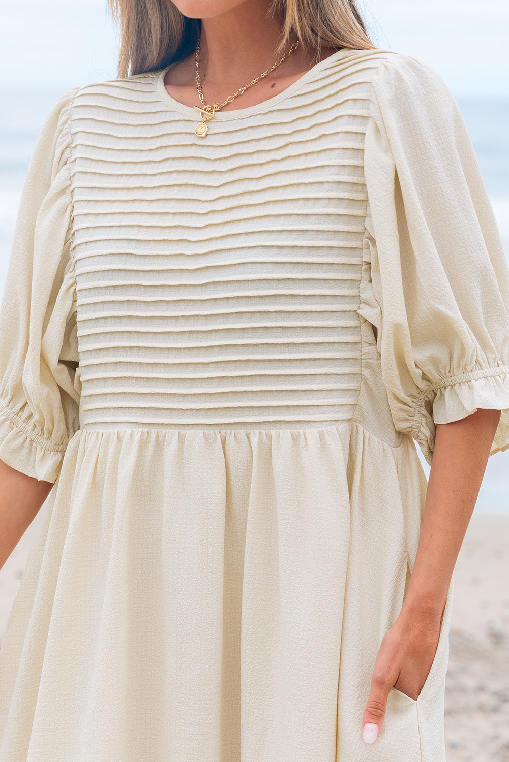 Textured Ruffled Puff Sleeve Loose Dress
