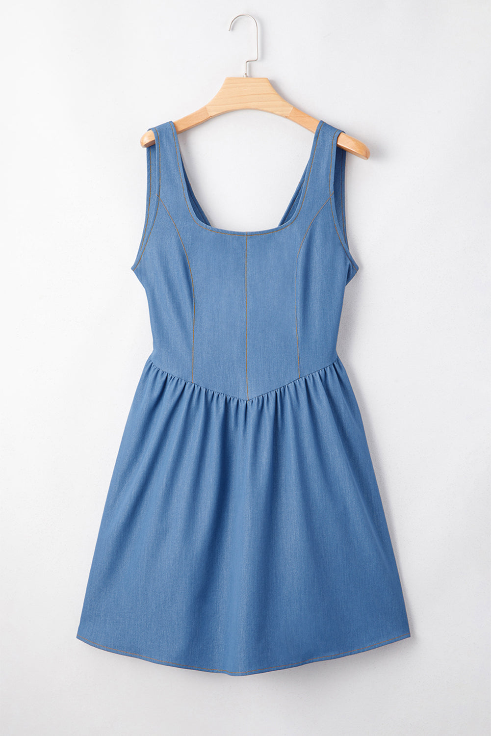 Square Neck Pleated Waist V Cut Backless Tied Fit and Flare Dress