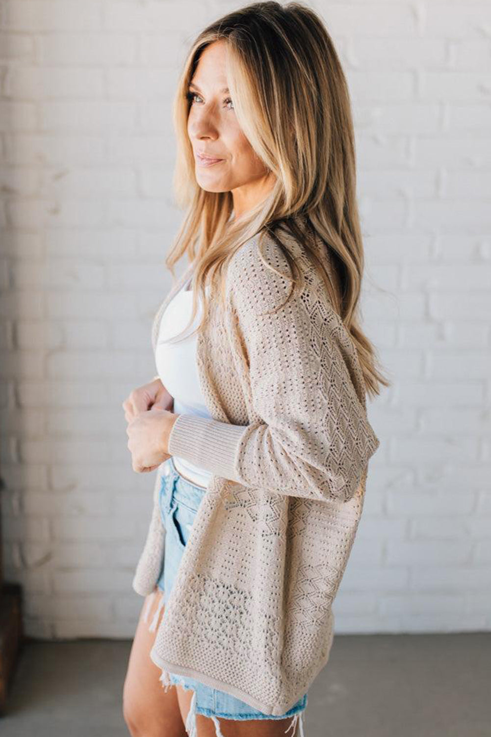 Mix Pattern Hollowed Knit Open Front Cardigan