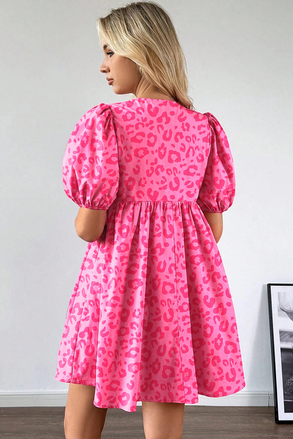 Leopard Puff Sleeve Tie Front High Waist Mini Dress
