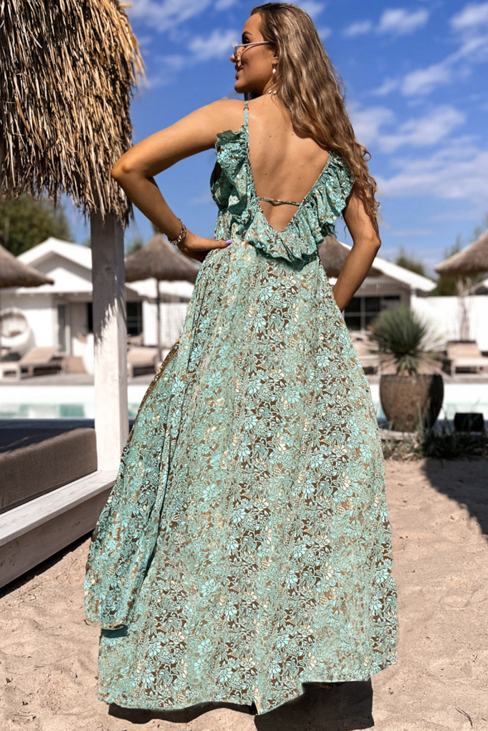 Floral Print V Neck Ruffled Trim Backless Tassel Waist Maxi Dress