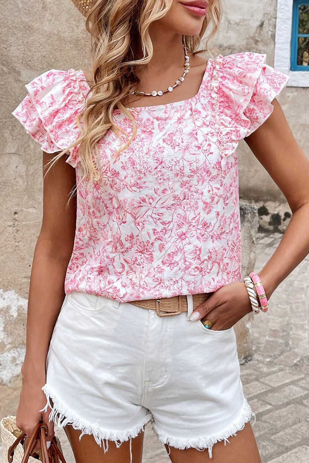 Floral Ruffled Short Sleeve Bow Back Square Neck Blouse