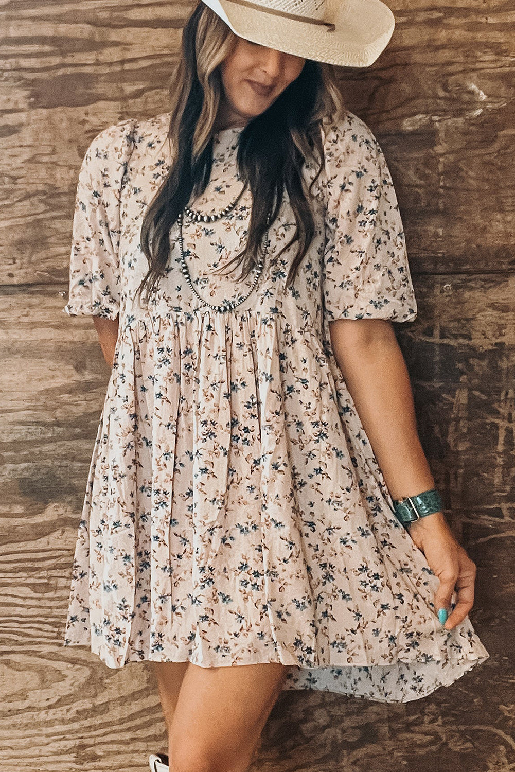 Floral Puff Short Sleeve Empire Waist Mini Dress