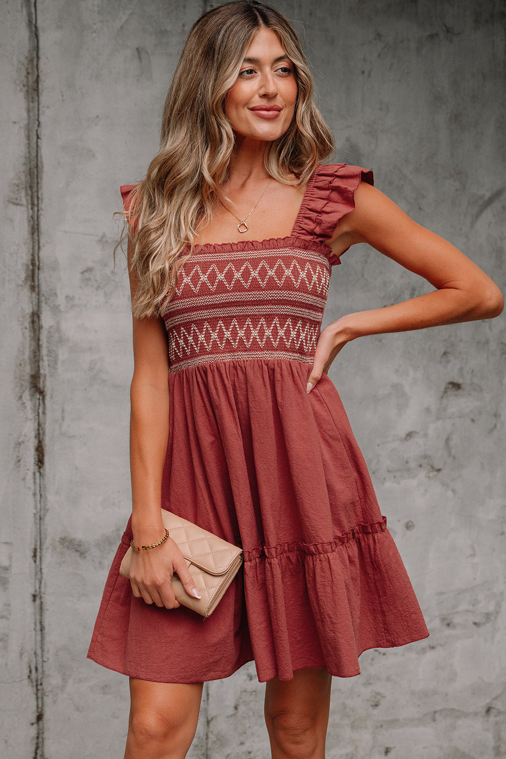 Geometric Stitch Shirred Bodice Ruffled Trim Sleeveless Mini Dress