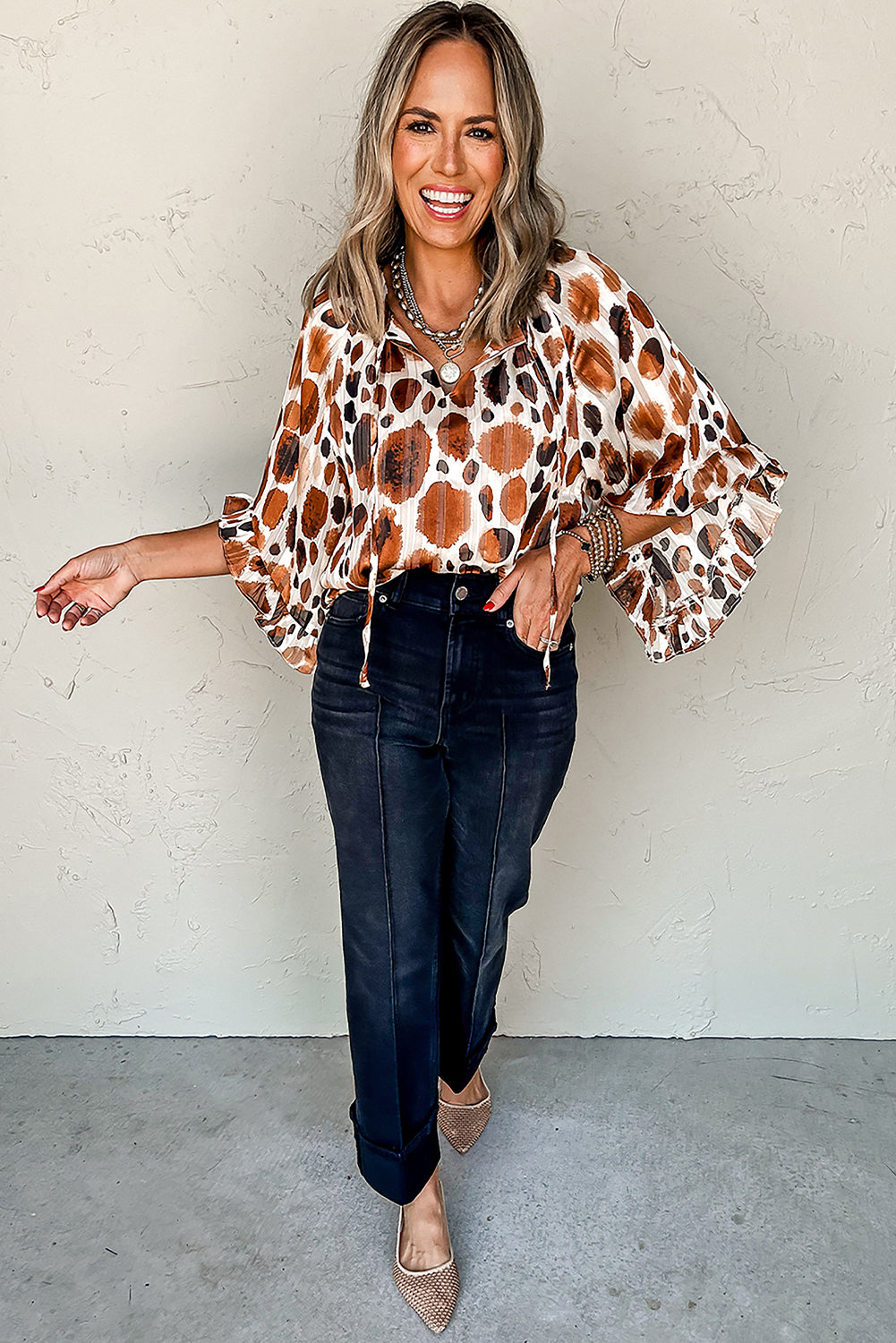 Pleated Abstract Printed Ruffled 3/4 Sleeve Blouse