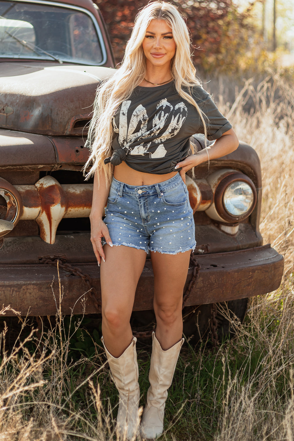 Pearl Beaded Raw Hem Medium Wash Denim Shorts