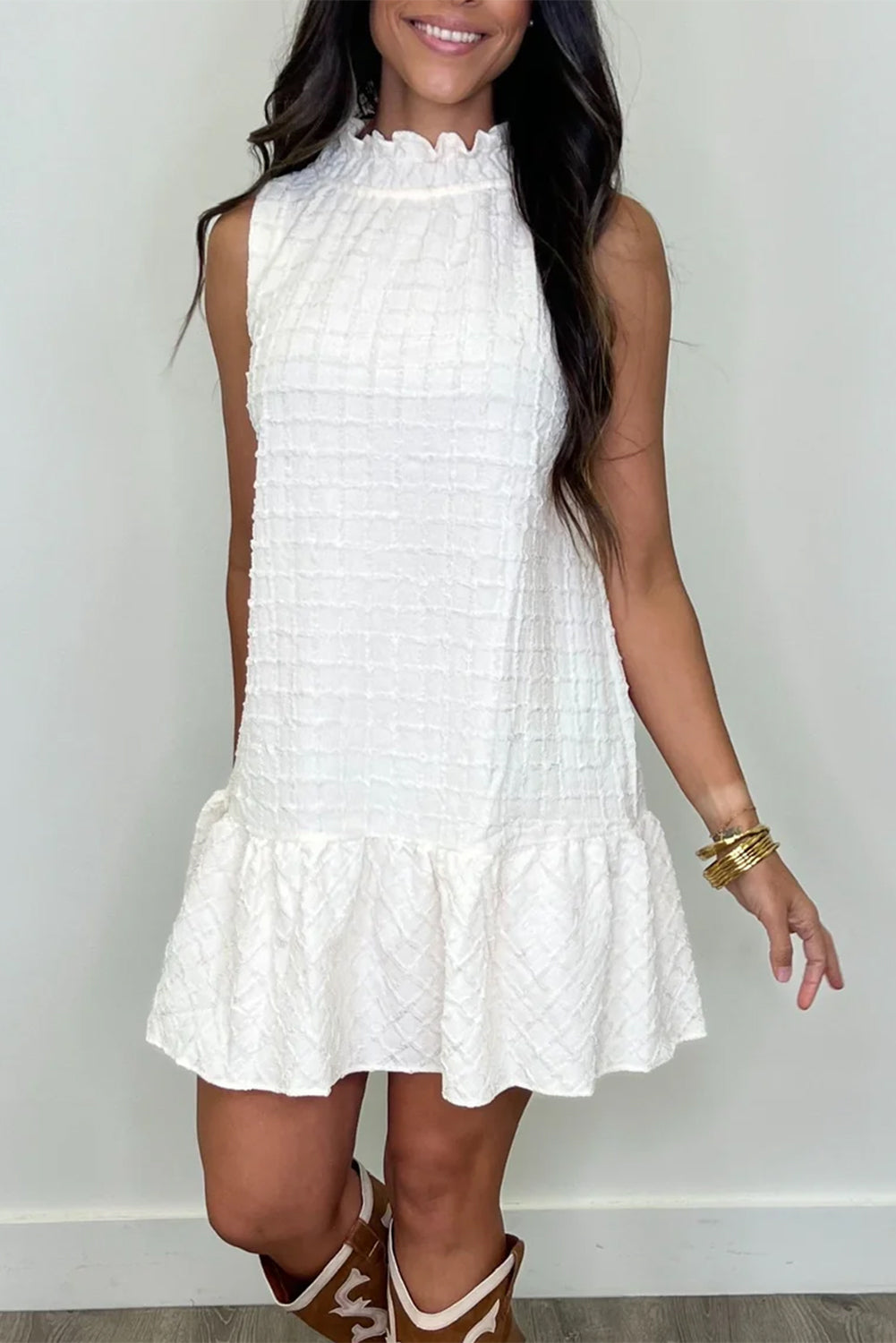 Textured Frilled High Neck Sleeveless Ruffled Mini Dress
