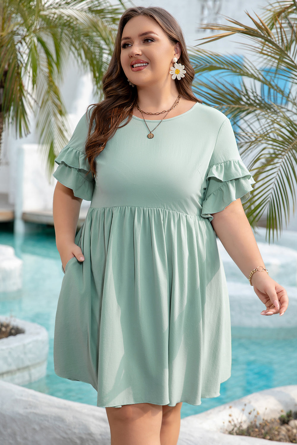 Ruffle Trim Short Sleeve Plus Size Flared Mini Dress