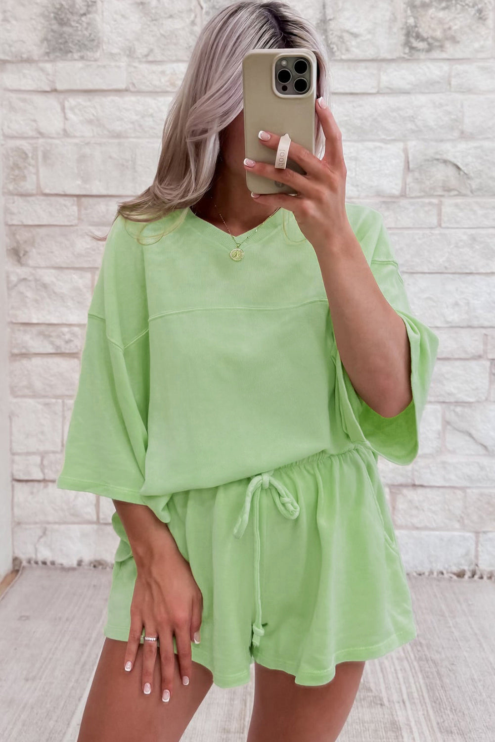 Solid Loose V Neck Half Sleeve Tee and Shorts