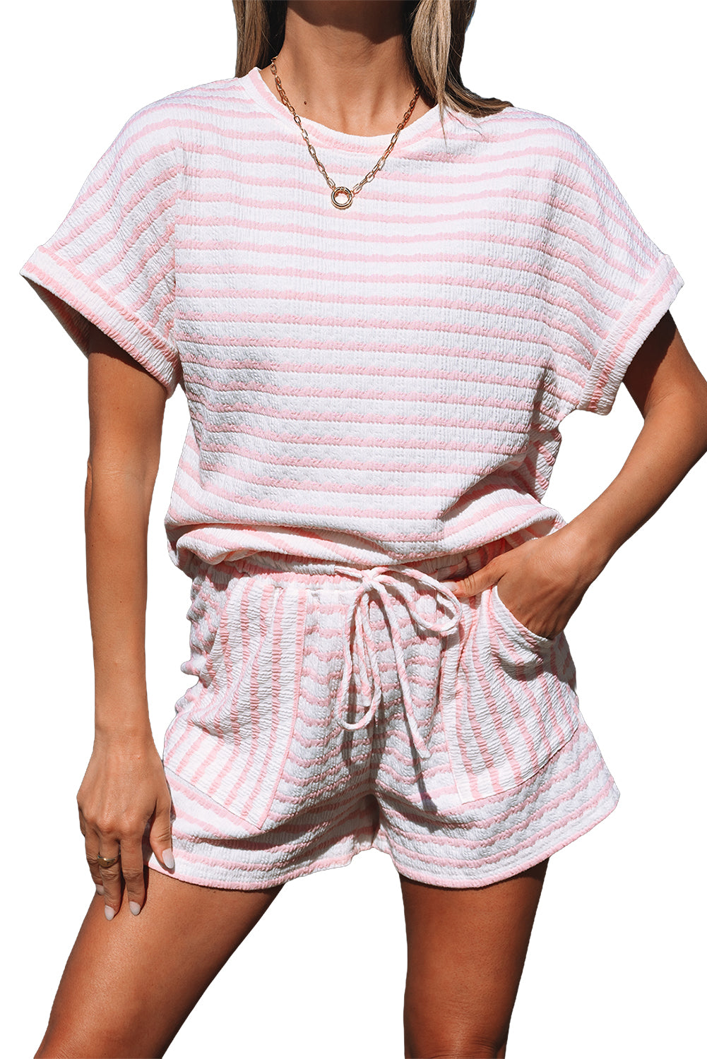 Knitted Short Sleeve Top and Drawstring Shorts Set